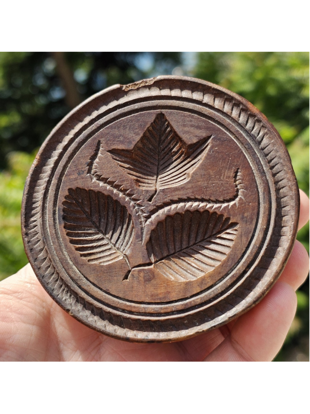 Vintage Wooden Butter Mold Press Stamp Leaf Design Primitive Farmhouse Decor